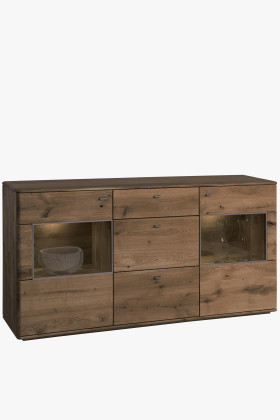 Luxus tömör tölgy komód fiókokkal, üveges ajtókkal, égetett tölgy szín